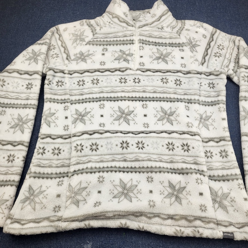 Eddie Bauer Womens Fleece Quarter Zip Pullover White Grey Fair Isle Snowflake L